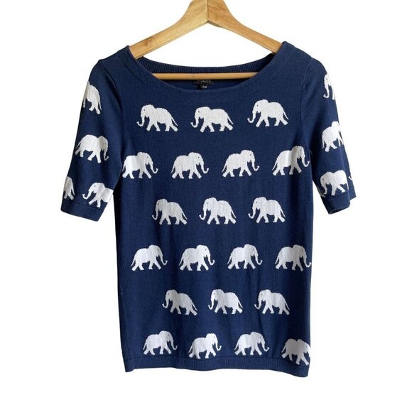 Talbots XS Elephant Allover Knit Short Sleeve Top Navy Blue White Cotton Blend - Picture 2 of 8